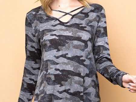 Description: PLUS SIZE CAMOUFLAGE PRINT CRISSCROSS V-NECK TOP - GREY Sale