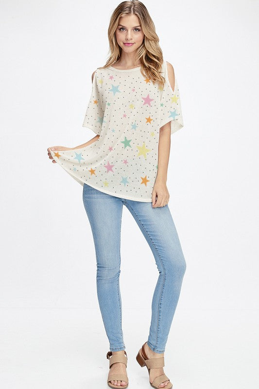 Multi color star all over knit cold shoulder top - Oatmeal Supply