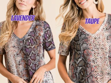 SNAKESKIN PRINT LOW GAUGE HACCI V NECK TOP - TAUPE MULTI or LAVENDER MULTI Sale