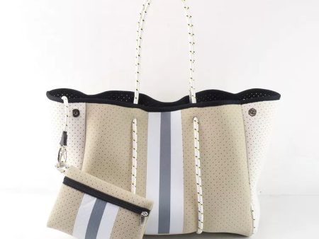 Beige with Grey & White Stripe Neoprene Tote Sale