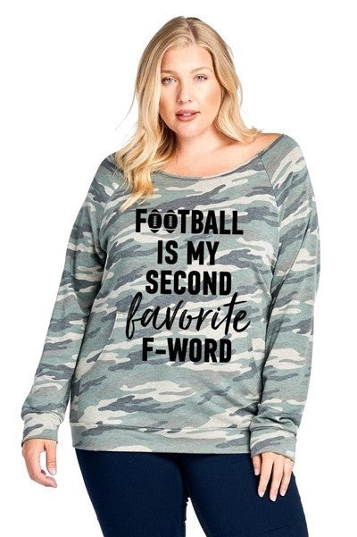 FOOTBALL IS MY SECOND FAVORITE F WORD GRAPHIC PLUS SIZE TOP - GREEN CAMO Hot on Sale