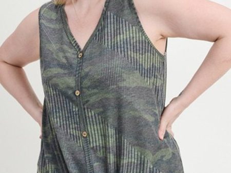 Plus Ribbed Camo Tank With Button Trim For Discount