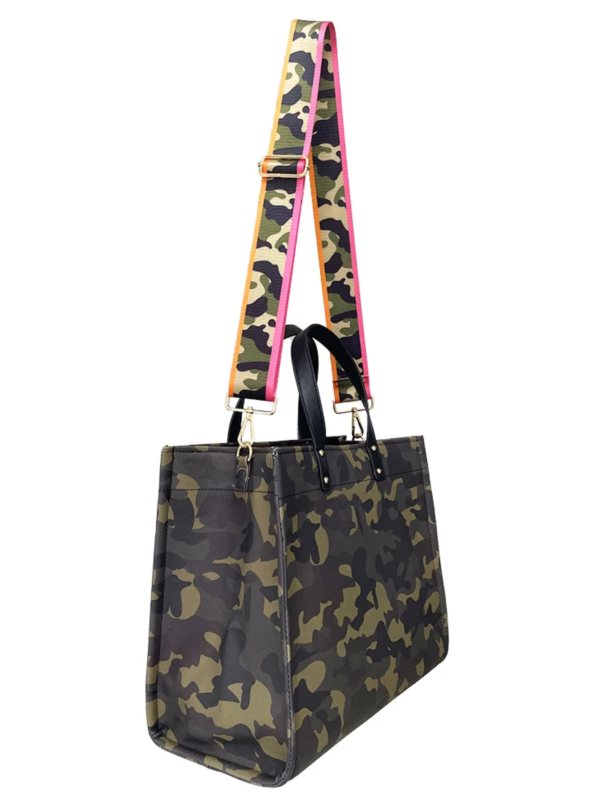 Camo Vegan Leather Tote w  Strap Fashion