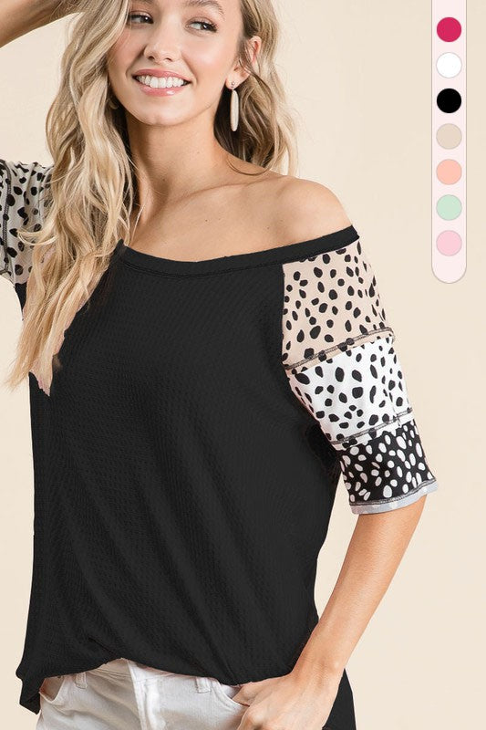 THERMAL WAFFLE TOP WITH DALMATIAN PRINT - BLACK or TAUPE Online Hot Sale