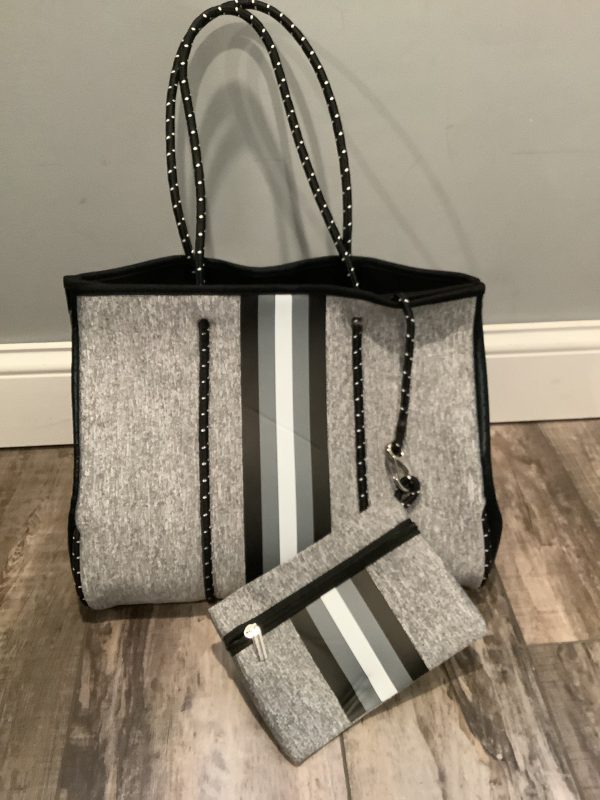 Grey with Black, Grey & White Stripe Neoprene Tote Sale