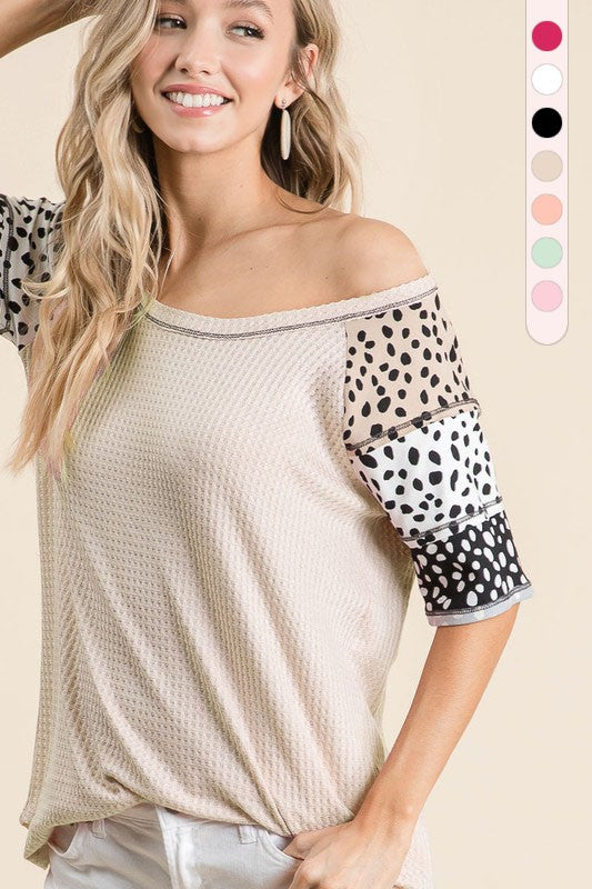 THERMAL WAFFLE TOP WITH DALMATIAN PRINT - BLACK or TAUPE Online Hot Sale