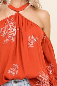 Orange Embroidered Cold Shoulder Top With Bell Sleeves Fashion