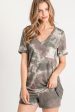 Description: RAYON FRENCH TERRY TIE-DYE TOP WITH A V NECKLINE, SHORT SLEEVES - CHARCOAL or OLIVE Online now