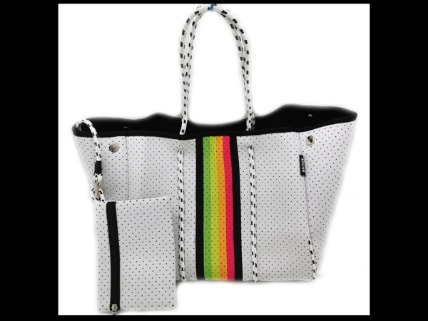 White with Rainbow Stripe Neoprene Tote Bag 🌈 Online now