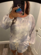 STAR PRINT TIE-DYE TOP WITH A BOAT NECKLINE, DROPPED SHOULDERS, LONG SLEEVES, AND BANDED HEM - GREY on Sale