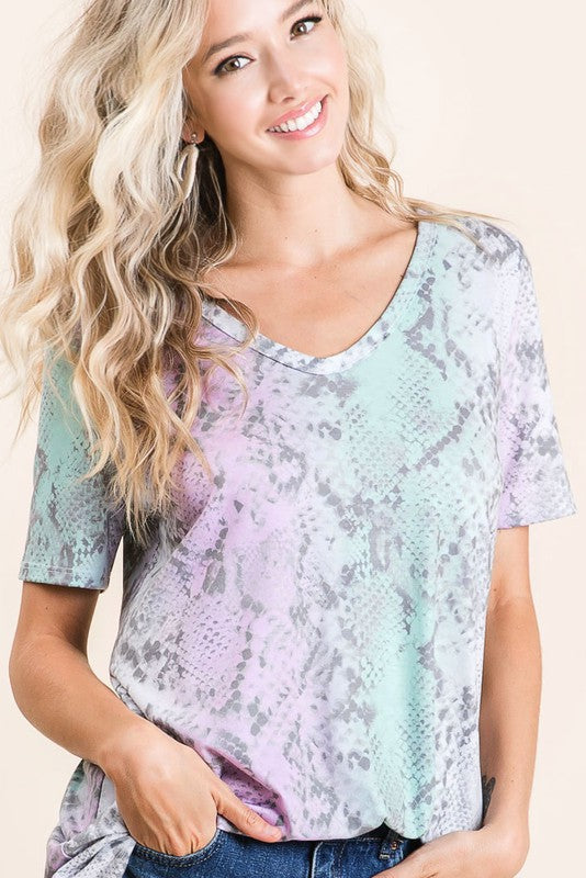 TIE DYE HAIRY DEEP U NECK SOFT KNIT TOP - BLUSH GREY MULTI or LAVENDER TURQUOISE MULTI Cheap