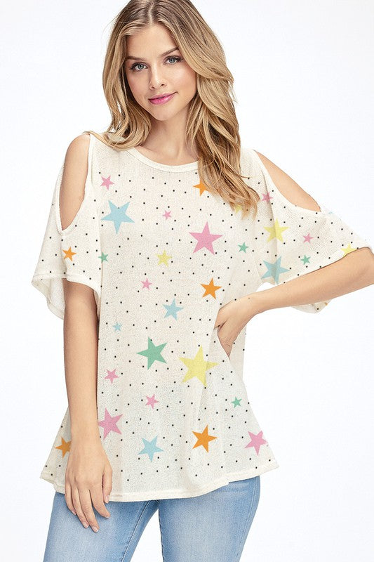 Multi color star all over knit cold shoulder top - Oatmeal Supply