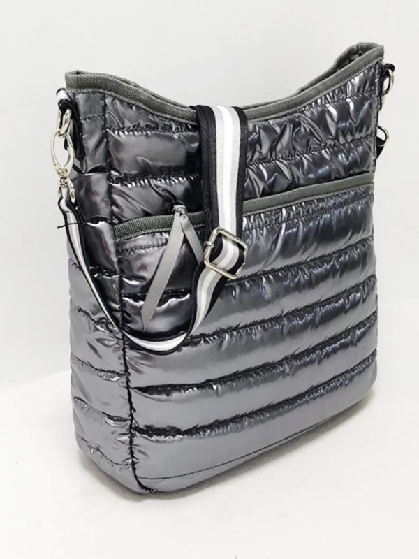 Puffer Crossbody with Striped Strap - Black, Silver or Gunmetal Cheap