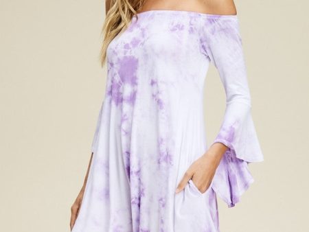 Lavender Off Shoulder Tie Dye Dress With Bell Sleeve And Pockets Online