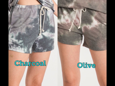 TIE-DYE SHORTS WITH ELASTICIZED WAISTBAND, DRAWSTRINGS, AND SIDE SEAM POCKETS - CHARCOAL or OLIVE Online