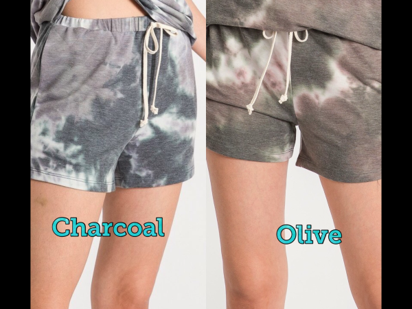 TIE-DYE SHORTS WITH ELASTICIZED WAISTBAND, DRAWSTRINGS, AND SIDE SEAM POCKETS - CHARCOAL or OLIVE Online