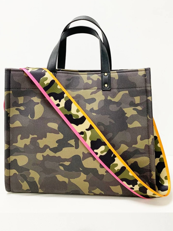 Camo Vegan Leather Tote w  Strap Fashion