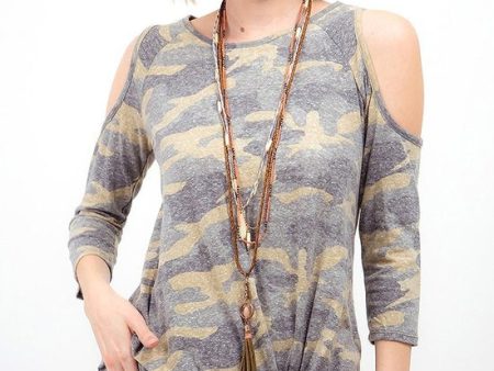 VINTAGE CAMOUFLAGE PRINT COLD SHOULDER TOP - OLIVE CAMO Online now