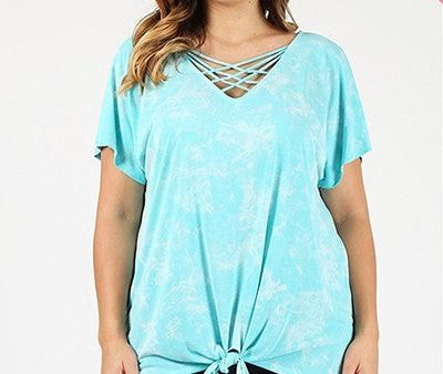 Description: TIE DYE TOP IN A RELAXED FIT WITH A V-NECKLINE WITH CRISSCROSS STRAPS AND SHORT SLEEVES - TURQUOISE Hot on Sale