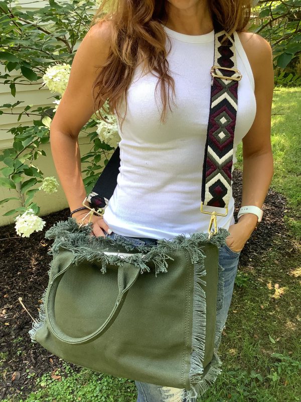 Olive Small Fringe Canvas Tote With Abstract Strap For Cheap