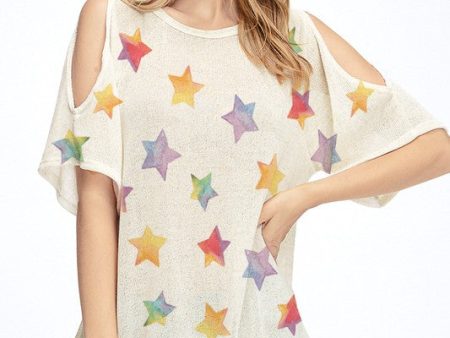 Rainbow star all over knit cold shoulder top - Oatmeal Online Hot Sale