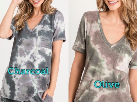 Description: RAYON FRENCH TERRY TIE-DYE TOP WITH A V NECKLINE, SHORT SLEEVES - CHARCOAL or OLIVE Online now