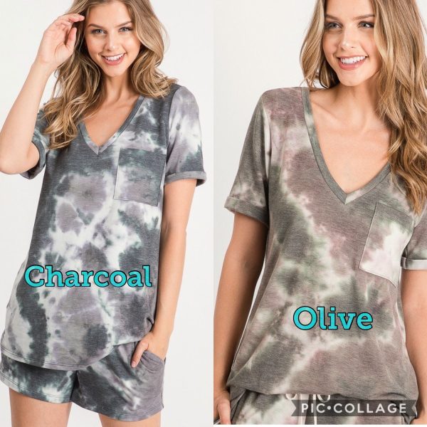 Description: RAYON FRENCH TERRY TIE-DYE TOP WITH A V NECKLINE, SHORT SLEEVES - CHARCOAL or OLIVE Online now