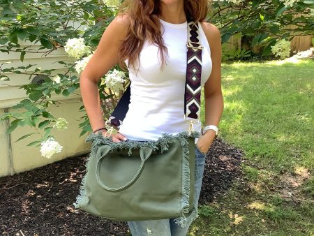 Olive Small Fringe Canvas Tote With Abstract Strap For Cheap