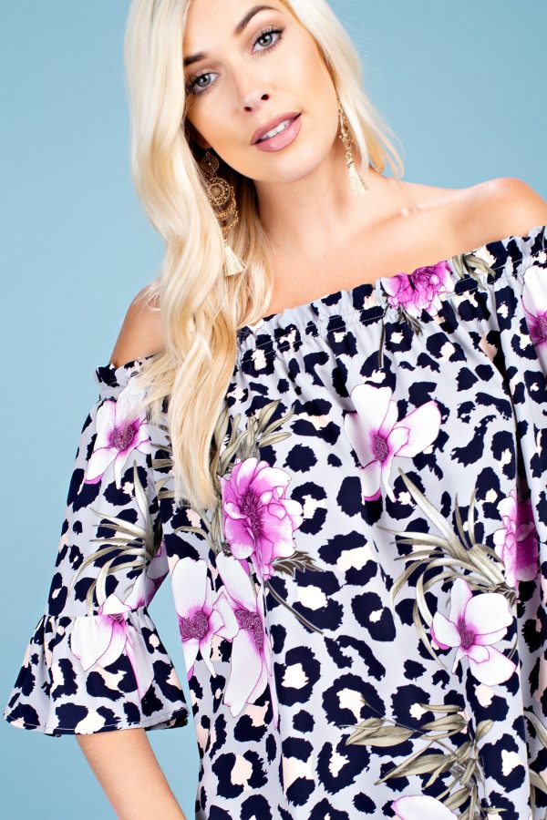 FLORAL PRINT WOVEN ELASTIC OFF SHOULDER TOP - GREY Hot on Sale