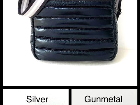 Puffer Crossbody with Striped Strap - Black, Silver or Gunmetal Cheap