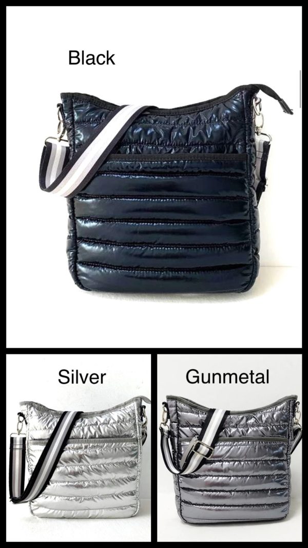 Puffer Crossbody with Striped Strap - Black, Silver or Gunmetal Cheap