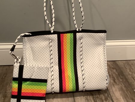 White with Rainbow Stripe Neoprene Tote Bag 🌈 Online now