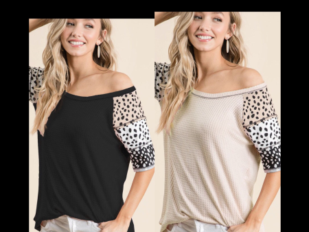 THERMAL WAFFLE TOP WITH DALMATIAN PRINT - BLACK or TAUPE Online Hot Sale