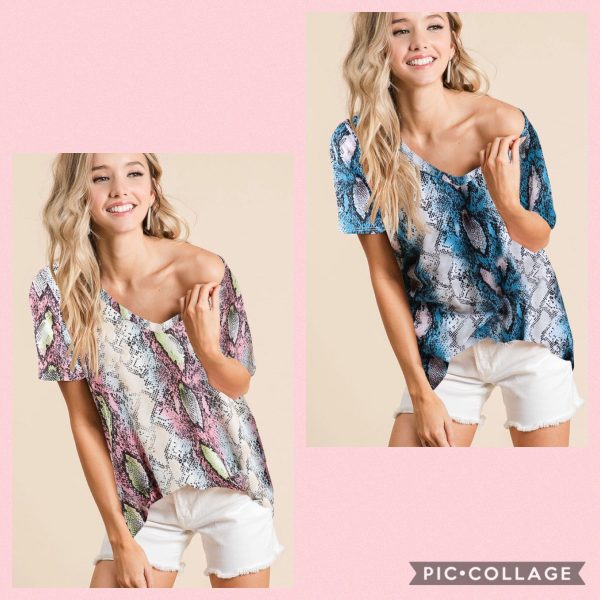 SNAKESKIN PRINT JERSEY V NECK TOP - BLUE or PINK MULTI Fashion