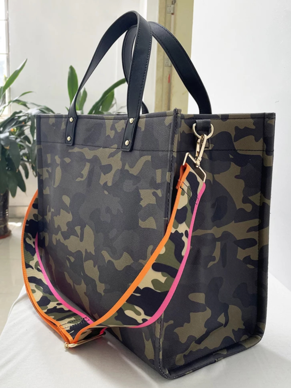 Camo Vegan Leather Tote w  Strap Fashion