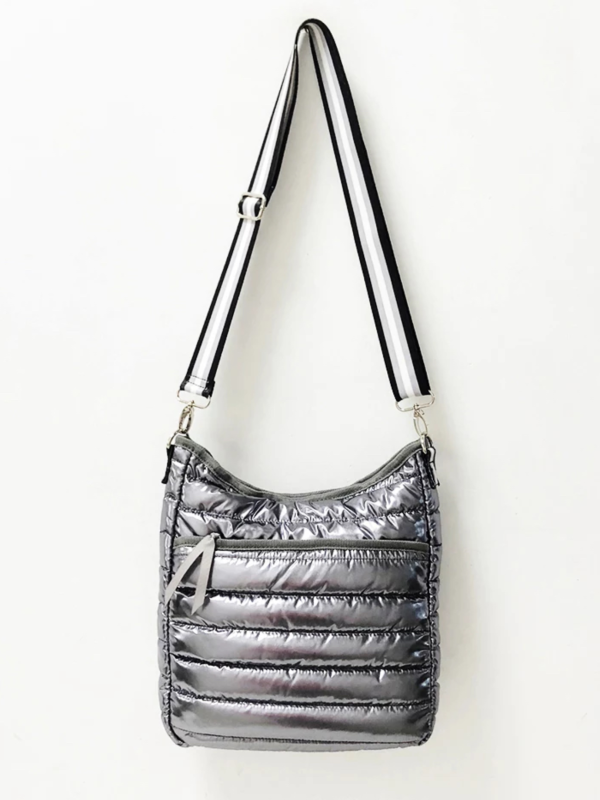 Puffer Crossbody with Striped Strap - Black, Silver or Gunmetal Cheap