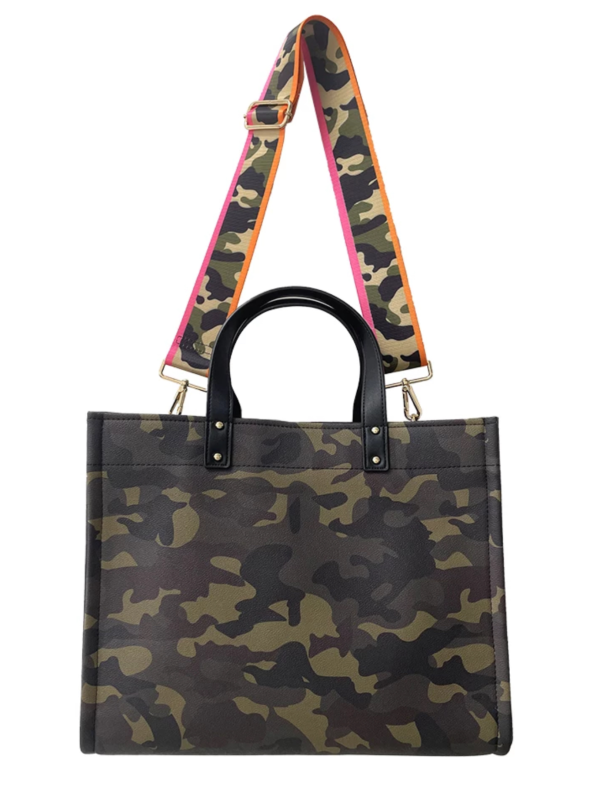 Camo Vegan Leather Tote w  Strap Fashion