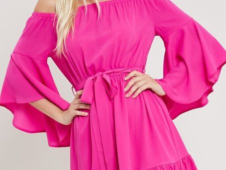 Bell Sleeves Off The Shoulder Dress - Hot Pink 💖 Online Sale