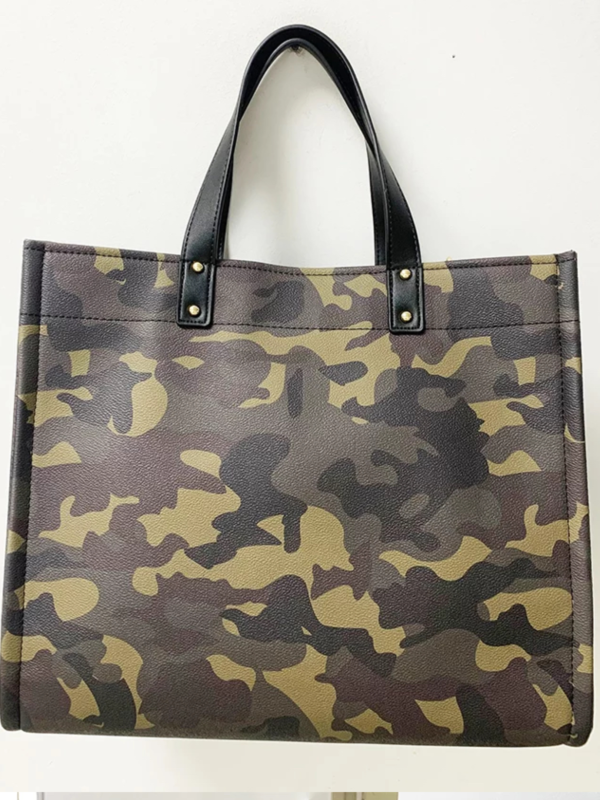 Camo Vegan Leather Tote w  Strap Fashion