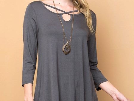 CHARCOAL SOLID CRISS-CROSS KEYHOLE TUNIC TOP Online