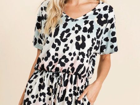 GRADATION LEOPARD SOFT KNIT V-NECK ROMPER WITH A KEYHOLE AT THE BACK AND SIDE POCKETS on Sale