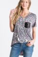 SHORT SLEEVE V NECK ROUND HEM LEOPARD ANIMAL PRINT TOP WITH BLACK SEQUIN POCKET GREY MULTI Online now