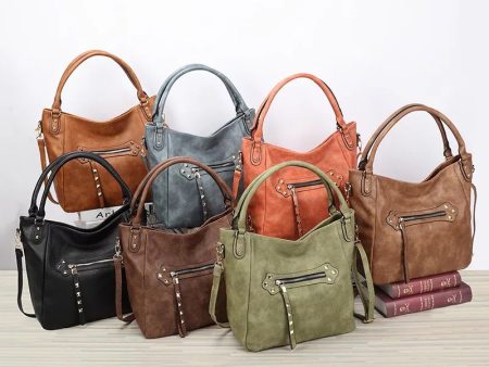 Vegan Leather Woven Flip Rivet Handbag Zipper Closure Crossbody Bag - Assorted Colors Online Hot Sale