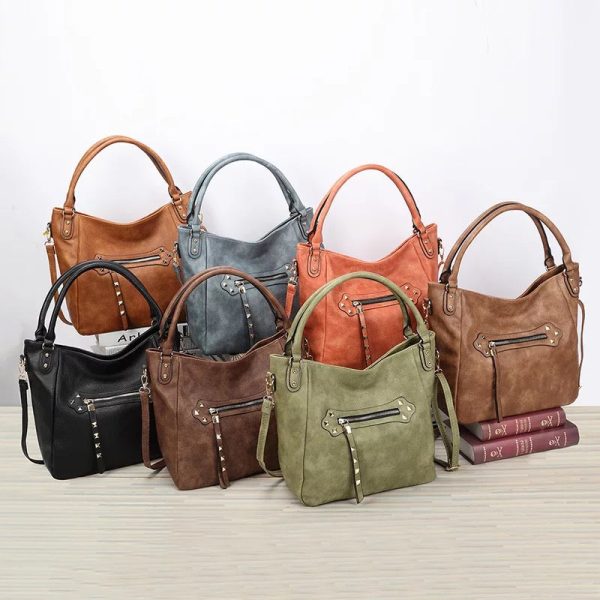 Vegan Leather Woven Flip Rivet Handbag Zipper Closure Crossbody Bag - Assorted Colors Online Hot Sale