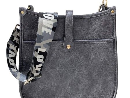 Grey Vintage Vegan Leather Messenger Bag with Camo Love Strap Discount