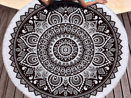 Mandela round beach blanket towel microfiber yoga mat with tassels multi purpose Beach blanket with tassels  - Black White Online now