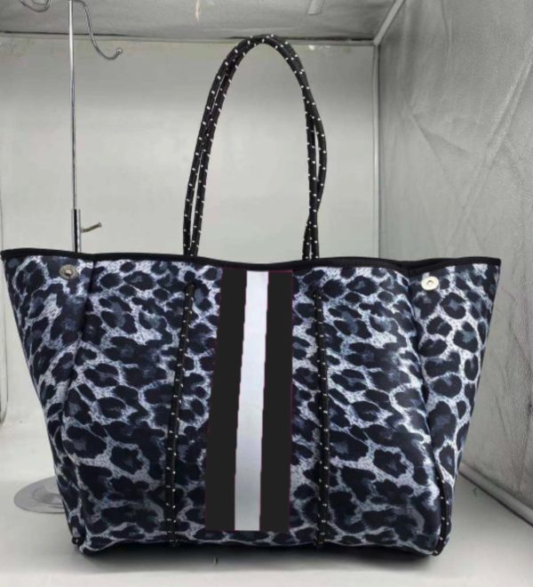 Grey Black Leopard Neoprene Tote Stripe Online now