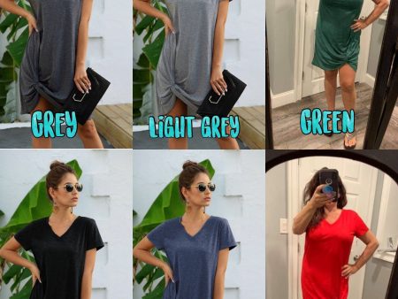 V Neck Short Sleeve T-Shirt Dresses - Assorted Colors on Sale