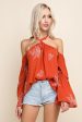 Orange Embroidered Cold Shoulder Top With Bell Sleeves Fashion