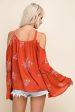 Orange Embroidered Cold Shoulder Top With Bell Sleeves Fashion